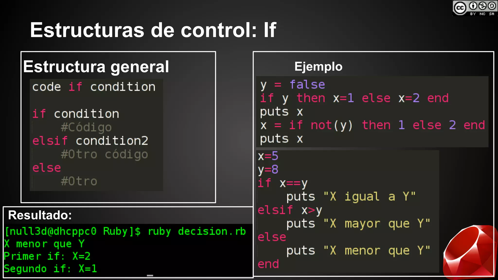 Estructuras de control: If 
Estructura general Ejemplo 
Resultado: 
 