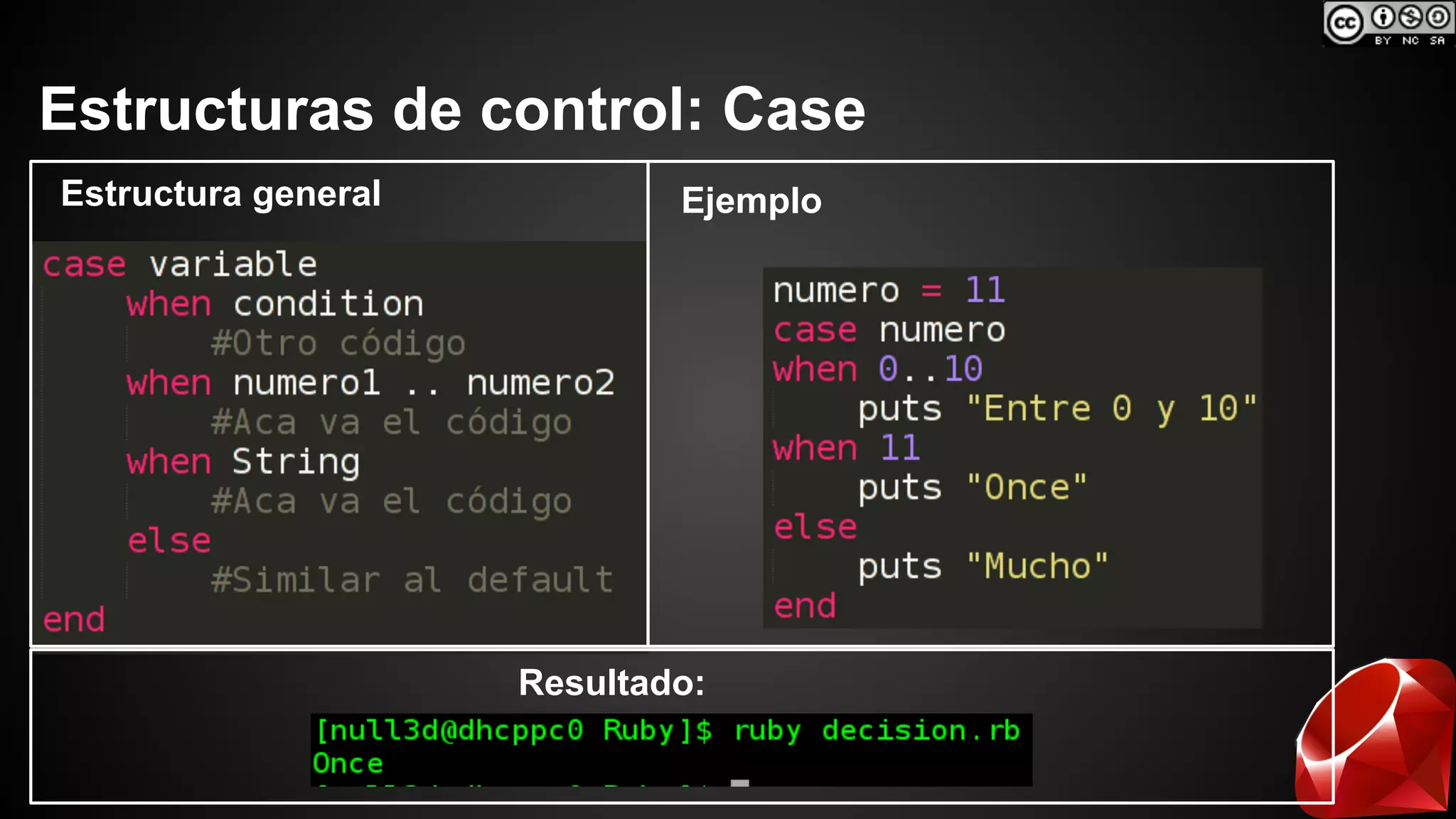 Estructuras de control: Case 
Estructura general Ejemplo 
Resultado: 
 