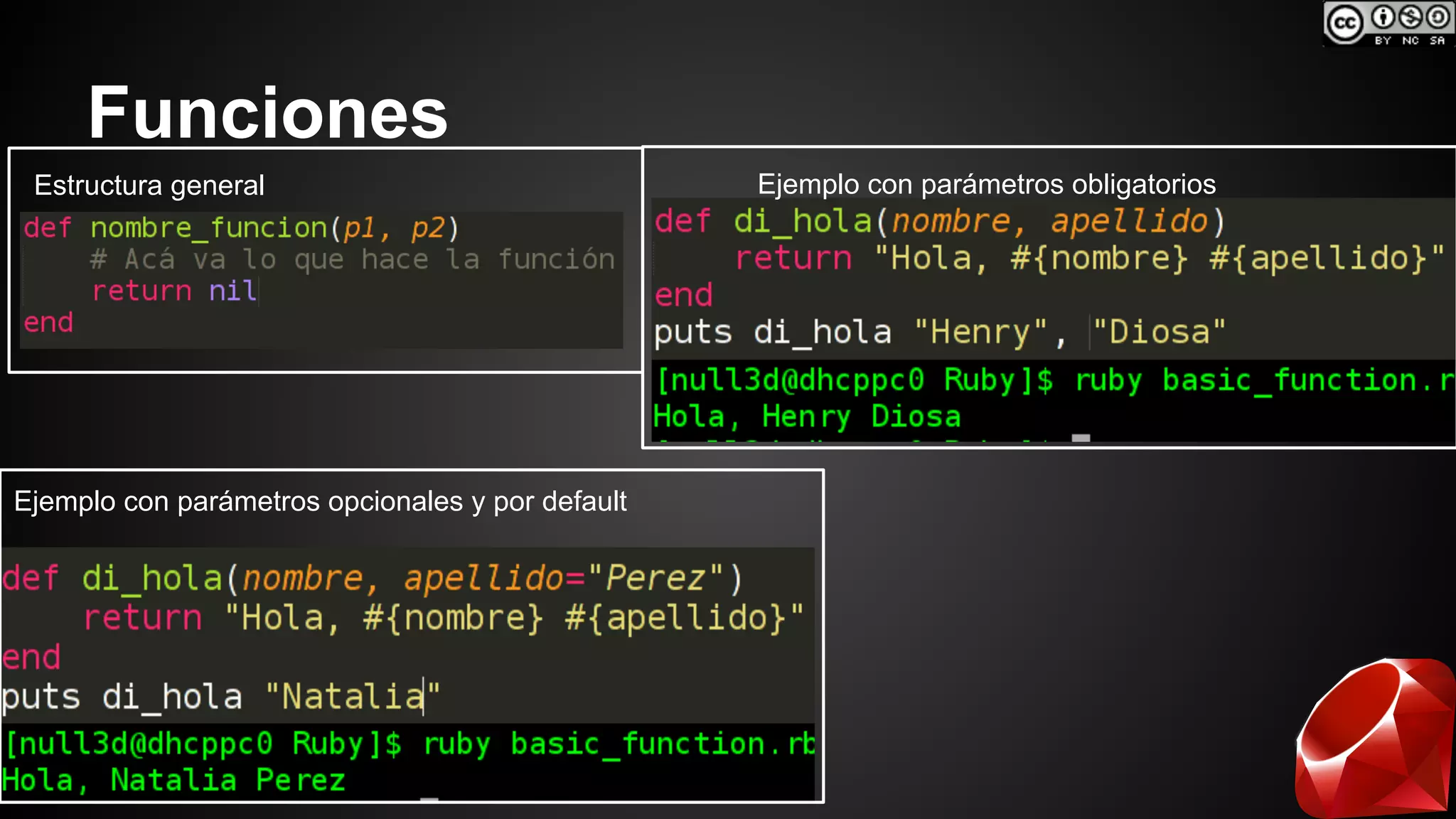 Funciones 
Estructura general Ejemplo con parámetros obligatorios 
Ejemplo con parámetros opcionales y por default 
 