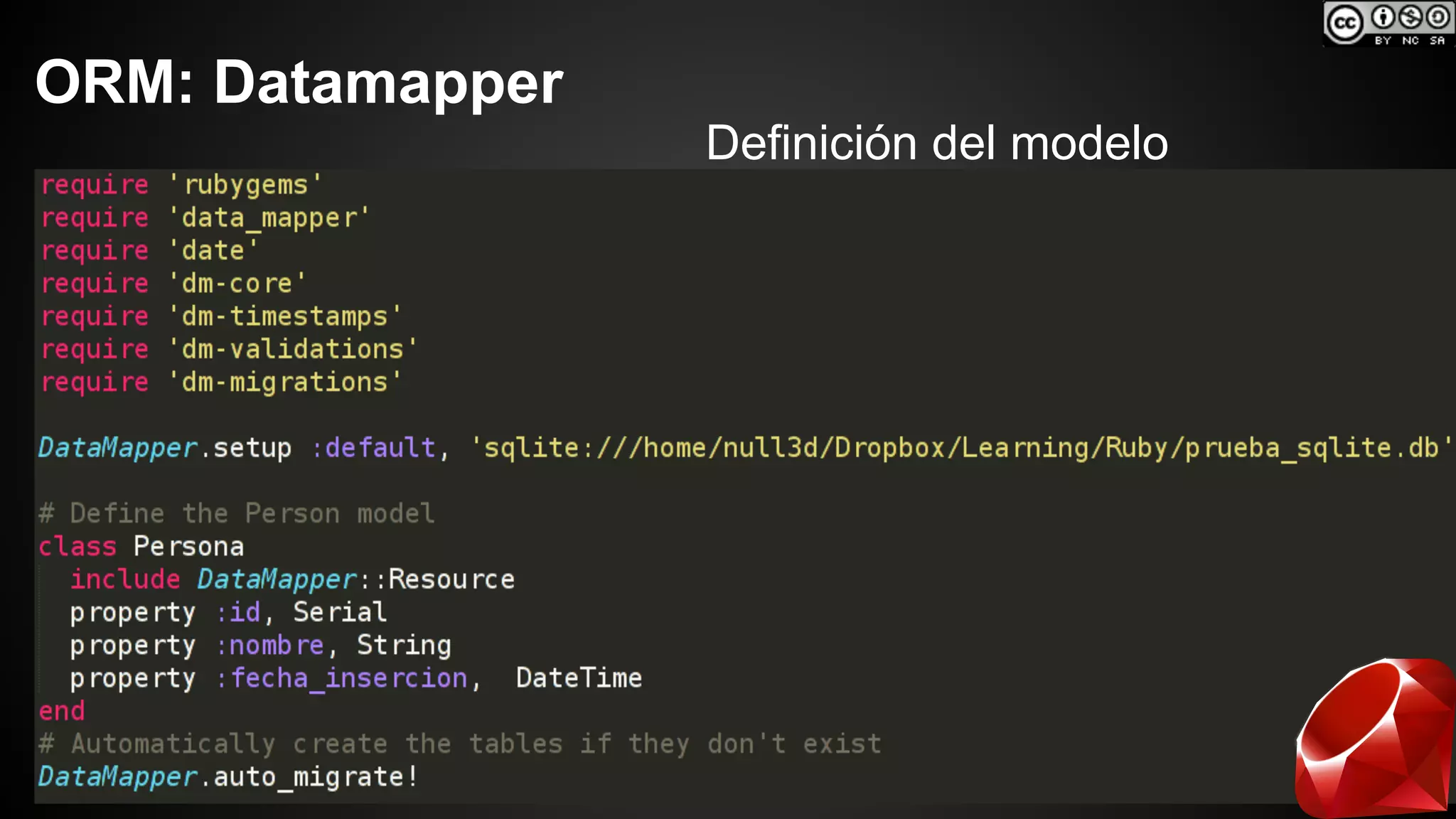 ORM: Datamapper 
Definición del modelo 
 