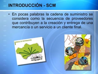 INTRODUCCIÓN - SCM En pocas palabras la cadena de suministro se considera como la secuencia de proveedores que contribuyen a la creación y entrega de una mercancía o un servicio a un cliente final. 