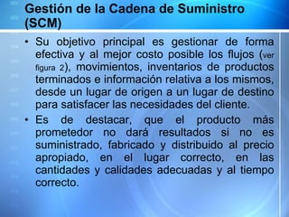 Gestión de la Cadena de Suministro (SCM) Su objetivo principal es gestionar de forma efectiva y al mejor costo posible los flujos ( ver figura 2 ), movimientos, inventarios de productos terminados e información relativa a los mismos, desde un lugar de origen a un lugar de destino para satisfacer las necesidades del cliente. Es de destacar, que el producto más prometedor no dará resultados si no es suministrado, fabricado y distribuido al precio apropiado, en el lugar correcto, en las cantidades y calidades adecuadas y al tiempo correcto. 
