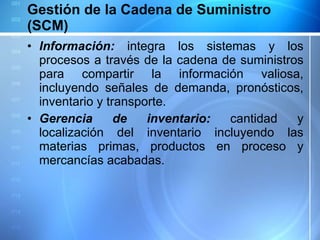 Gestión de la Cadena de Suministro (SCM) Información:  integra los sistemas y los procesos a través de la cadena de suministros para compartir la información valiosa, incluyendo señales de demanda, pronósticos, inventario y transporte.  Gerencia de inventario:  cantidad y localización del inventario incluyendo las materias primas, productos en proceso y mercancías acabadas. 