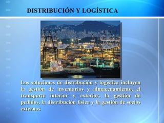DISTRIBUCIÓN Y LOGÍSTICA Las soluciones de distribución y logística incluyen la gestión de inventarios y almacenamiento, el transporte interior y exterior, la gestión de pedidos, la distribución física y la gestión de socios externos 