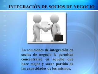 INTEGRACIÓN DE SOCIOS DE NEGOCIO La soluciones de integración de socios de negocio le permiten concentrarse en aquello que hace mejor y sacar partido de las capacidades de los mismos. 