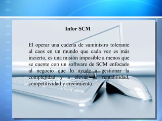 El operar una cadena de suministro tolerante al caos en un mundo que cada vez es más incierto, es una misión imposible a menos que se cuente con un software de SCM enfocado al negocio que lo ayude a gestionar la complejidad y a elevar su rentabilidad, competitividad y crecimiento Infor SCM 