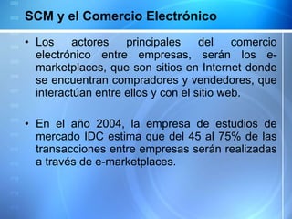 SCM y el Comercio Electrónico Los actores principales del comercio electrónico entre empresas, serán los e-marketplaces, que son sitios en Internet donde se encuentran compradores y vendedores, que interactúan entre ellos y con el sitio web. En el año 2004, la empresa de estudios de mercado IDC estima que del 45 al 75% de las transacciones entre empresas serán realizadas a través de e-marketplaces. 
