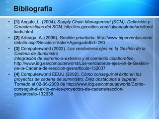 Bibliografía [1]  Angulo, L. (2004).  Supply Chain Management (SCM).  Definición y Características del SCM.  http://es.geocities.com/luisangulobo/ads/foro/iiads.html [2]  Arteaga, A. (2006).  Gestión prioritaria . http://www.hiperventas.com/detalle.asp?Seccion=Valor+Agregado&id=290 [3]  Computerworld (2002).  Los verdaderos ejes en la Gestión de la Cadena de Suministro Integración de extremo-a-extremo y el comercio colaborativo . http://www.idg.es/computerworld/Los-verdaderos-ejes-en-la-Gestion-de-la-Cadena-de-/seccion-ges/articulo-132037 [4]  Computerworld EEUU (2002).  Cómo conseguir el éxito en los proyectos de cadena de suministro. Diez obstáculos a superar . Tomado el 02-06-2009 de http://www.idg.es/computerworld/Como-conseguir-el-exito-en-los-proyectos-de-cadena/seccion-ges/articulo-132038 