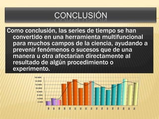 Como conclusión, las series de tiempo se han
  convertido en una herramienta multifuncional
  para muchos campos de la ciencia, ayudando a
  prevenir fenómenos o sucesos que de una
  manera u otra afectarían directamente al
  resultado de algún procedimiento o
  experimento.
 