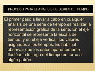 PROCESO PARA EL ANÁLISIS DE SERIES DE TIEMPO


El primer paso a llevar a cabo en cualquier
  análisis de una serie de tiempo es realizar la
  representación gráfica de la serie. En el eje
  horizontal se representa la escala del
  tiempo, y en el eje vertical, los valores
  asignados a los tiempos. Es habitual
  observar que los datos aparentemente
  fluctúan a lo largo del tiempo en torno a
  algún patrón.
 