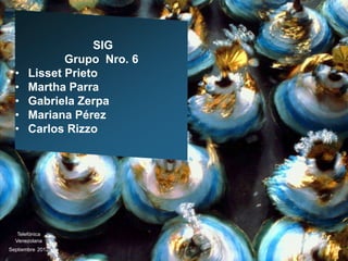 SIG
              Grupo Nro. 6
  •    Lisset Prieto
  •    Martha Parra
  •    Gabriela Zerpa
  •    Mariana Pérez
  •    Carlos Rizzo




   Telefónica
  Venezolana
Septiembre 2012
 