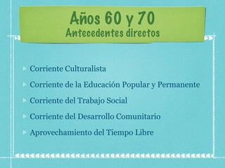 Años 60 y 70 Antecedentes directos Corriente Culturalista Corriente de la Educación Popular y Permanente Corriente del Trabajo Social Corriente del Desarrollo Comunitario Aprovechamiento del Tiempo Libre 