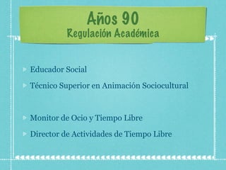 Años 90 Regulación Académica Educador Social  Técnico Superior en Animación Sociocultural Monitor de Ocio y Tiempo Libre Director de Actividades de Tiempo Libre 