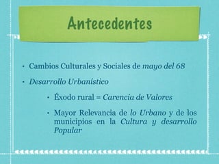 Antecedentes Cambios Culturales y Sociales de  mayo del 68 Desarrollo Urbanístico Éxodo rural =  Carencia de Valores Mayor Relevancia de  lo Urbano  y de los municipios en la  Cultura y desarrollo Popular 