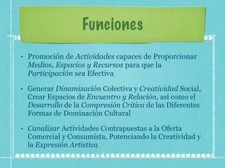 Funciones Promoción de  Actividades  capaces de Proporcionar  Medios, Espacios y Recursos  para que la  Participación  sea Efectiva Generar  Dinamización  Colectiva y  Creatividad  Social, Crear Espacios de  Encuentro y Relación , así como el  Desarrollo  de la  Compresión Crítica  de las Diferentes Formas de Dominación Cultural Canalizar  Actividades Contrapuestas a la Oferta Comercial y Consumista, Potenciando la Creatividad y la  Expresión Artística 