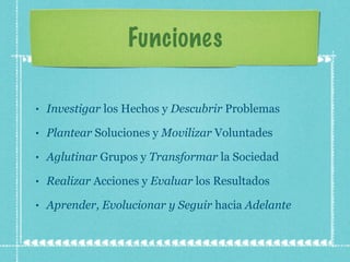 Funciones Investigar  los Hechos y  Descubrir  Problemas Plantear  Soluciones y  Movilizar  Voluntades Aglutinar  Grupos y  Transformar  la Sociedad Realizar  Acciones y  Evaluar  los Resultados Aprender, Evolucionar y Seguir  hacia  Adelante 