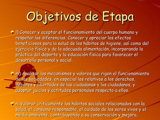 Objetivos de Etapa l) Conocer y aceptar el funcionamiento del cuerpo humano y respetar las diferencias. Conocer y apreciar los efectos beneficiosos para la salud de los hábitos de higiene, así como del ejercicio físico y de la adecuada alimentación, incorporando la práctica del deporte y la educación física para favorecer el desarrollo personal y social.  m) Analizar los mecanismos y valores que rigen el funcionamiento de las sociedades, en especial los relativos a los derechos, deberes y libertades de las ciudadanas y los ciudadanos, y adoptar juicios y actitudes personales respecto a ellos.  n. Valorar críticamente los hábitos sociales relacionados con la salud, el consumo responsable, el cuidado de los seres vivos y el medio ambiente, contribuyendo a su conservación y mejora.  