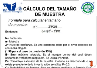 CÁLCULO DEL TAMAÑO
DE MUESTRA
En donde:
N= Población
n= Muestra
Z= Nivel de confianza. Es una constante dada por el nivel deseado de
confianza elegida
(1.96 para el caso de precisión 95%)
E= Error máximo tolerable. Es el margen dentro del cual deben
ubicarse la verdadera respuesta. Se utiliza 5%=0.05.
P= Porcentaje estimado de la muestra. Cuando es desconocida o no
existe precedente de la investigación se utiliza P=0.5.
Fórmula para calcular el tamaño
de muestra:
 