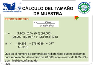 PROCEDIMIENTO
n = (1.96)2 (0.5) (0.5) (20,000)
(20,000-1)(0.05)2 + (1.96)2 (0.5) (0.5)
n = 19,208 = 376.9386 ≈ 377
50.9579
Que es el número de comerciales radiofónicos que necesitamos
para representar al universo de 20 000, con un error de 0.05 (5%)
y un nivel de confianza de
95%.
CÁLCULO DEL TAMAÑO
DE MUESTRA
 