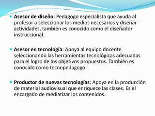  Asesor de diseño: Pedagogo especialista que ayuda al

profesor a seleccionar los medios necesarios y diseñar
actividades, también es conocido como el diseñador
instruccional.
 Asesor en tecnología: Apoya al equipo docente

seleccionando las herramientas tecnológicas adecuadas
para el logro de los objetivos propuestos. También es
conocido como tecnopedagogo.
 Productor de nuevas tecnologías: Apoya en la producción

de material audiovisual que enriquece las clases. Es el
encargado de mediatizar los contenidos.

 