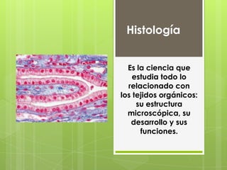 Histología


  Es la ciencia que
    estudia todo lo
  relacionado con
los tejidos orgánicos:
     su estructura
  microscópica, su
   desarrollo y sus
      funciones.
 