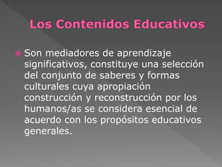  Son mediadores de aprendizaje 
significativos, constituye una selección 
del conjunto de saberes y formas 
culturales cuya apropiación 
construcción y reconstrucción por los 
humanos/as se considera esencial de 
acuerdo con los propósitos educativos 
generales. 
 