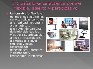 Un currículo flexible 
es aquel que asume las 
características comunes 
a la realidad nacional y 
a sus sujetos, 
promoviendo cambios, 
dejando abiertas las 
vías para su adecuación 
a las particularidades e 
identidades a nivel 
regional y local, 
satisfaciendo 
necesidades, intereses 
y demandas y 
resolviendo problemas. 
 