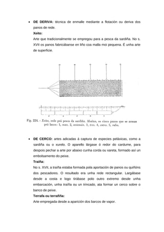 •   DE DERIVA: técnica de enmalle mediante a flotación ou deriva dos
    panos de rede.
    Xeito:
    Arte que tradicionalmente se empregou para a pesca da sardiña. No s.
    XVII os panos fabricábanse en liño coa malla moi pequena. É unha arte
    de superficie.




•   DE CERCO: artes adicadas á captura de especies peláxicas, como a
    sardiña ou o xurelo. O aparello lárgase ó redor do cardume, para
    despois pechar a arte por abaixo cunha corda ou xareta, formado así un
    embolsamento do peixe.
    Traíña:
    No s. XVII, a traíña estaba formada pola aportación de panos ou quiñóns
    dos pescadores. O resultado era unha rede rectangular. Largábase
    desde a costa e logo tirábase polo outro extremo desde unha
    embarcación, unha traíña ou un trincado, ata formar un cerco sobre o
    banco de peixe.
    Terrafa ou terrafiña:
    Arte empregada desde a aparición dos barcos de vapor.
 