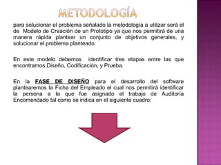para solucionar el problema señalado la metodología a utilizar será el
de Modelo de Creación de un Prototipo ya que nos permitirá de una
manera rápida plantear un conjunto de objetivos generales, y
solucionar el problema planteado.

En este modelo debemos identificar tres etapas entre las que
encontramos Diseño, Codificación, y Prueba.

En la FASE DE DISEÑO para el desarrollo del software
plantearemos la Ficha del Empleado el cual nos permitirá identificar
la persona a la que fue asignado el trabajo de Auditoría
Encomendado tal como se indica en el siguiente cuadro:
 