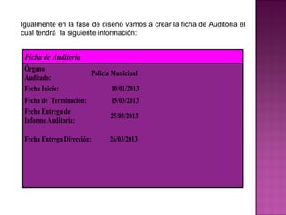 Igualmente en la fase de diseño vamos a crear la ficha de Auditoría el
cual tendrá la siguiente información:


 Ficha de Auditoría
 Órgano
                         Policía Municipal
 Auditado:
 Fecha Inicio:                  10/01/2013
 Fecha de Terminación:          15/03/2013
 Fecha Entrega de
                                25/03/2013
 Informe Auditoría:

 Fecha Entrega Dirección:      26/03/2013
 