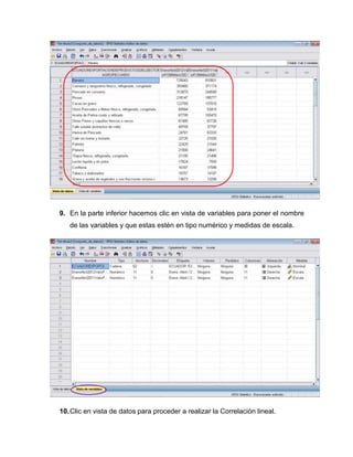 9. En la parte inferior hacemos clic en vista de variables para poner el nombre
   de las variables y que estas estén en tipo numérico y medidas de escala.




10. Clic en vista de datos para proceder a realizar la Correlación lineal.
 