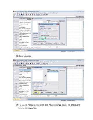 18. Clic en Aceptar.




19. Se espera hasta que se abra otra hoja de SPSS donde se procesa la
   información requerida.
 