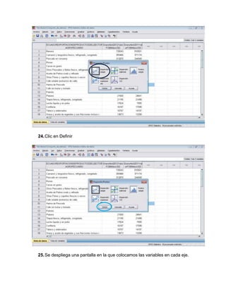 24. Clic en Definir




25. Se despliega una pantalla en la que colocamos las variables en cada eje.
 