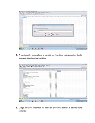 5. A continuación se despliega la pantalla con los datos ya importados, donde
   se puede identificar las variables




6. Luego de haber importado los datos se procede a realizar el cálculo de la
   varianza.
 