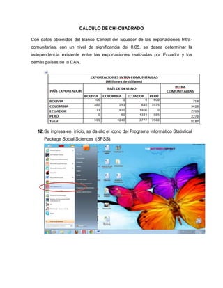 CÁLCULO DE CHI-CUADRADO

Con datos obtenidos del Banco Central del Ecuador de las exportaciones Intra-
comunitarias, con un nivel de significancia del 0,05, se desea determinar la
independencia existente entre las exportaciones realizadas por Ecuador y los
demás países de la CAN.




   12. Se ingresa en inicio, se da clic el icono del Programa Informático Statistical
      Package Social Sciences (SPSS).
 