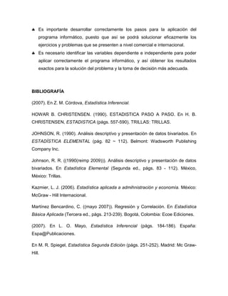 Es importante desarrollar correctamente los pasos para la aplicación del
    programa informático, puesto que así se podrá solucionar eficazmente los
    ejercicios y problemas que se presenten a nivel comercial e internacional.
    Es necesario identificar las variables dependiente e independiente para poder
    aplicar correctamente el programa informático, y así obtener los resultados
    exactos para la solución del problema y la toma de decisión más adecuada.




BIBLIOGRAFÍA

(2007). En Z. M. Córdova, Estadística Inferencial.

HOWAR B. CHRISTENSEN. (1990). ESTADISTICA PASO A PASO. En H. B.
CHRISTENSEN, ESTADISTICA (págs. 557-590). TRILLAS: TRILLAS.

JOHNSON, R. (1990). Análisis descriptívo y presentación de datos bivariados. En
ESTADÍSTICA ELEMENTAL (pág. 82 ~ 112). Belmont: Wadsworth Publishing
Company Inc.

Johnson, R. R. ((1990(reimp 2009))). Análisis descriptivo y presentación de datos
bivariados. En Estadística Elemental (Segunda ed., págs. 83 - 112). México,
México: Trillas.

Kazmier, L. J. (2006). Estadística aplicada a admihnistración y economía. México:
McGraw - Hill Internacional.

Martínez Bencardino, C. ((mayo 2007)). Regresión y Correlación. En Estadística
Básica Aplicada (Tercera ed., págs. 213-239). Bogotá, Colombia: Ecoe Ediciones.

(2007). En L. O. Mayo, Estadística Inferencial (págs. 184-186). España:
Espa@Publicaciones.

En M. R. Spiegel, Estadística Segunda Edición (págs. 251-252). Madrid: Mc Graw-
Hill.
 