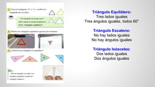 Triángulo Equilátero:
Tres lados iguales
Tres ángulos iguales, todos 60°
Triángulo Escaleno:
No hay lados iguales
No hay ángulos iguales
Triángulo Isósceles:
Dos lados iguales
Dos ángulos iguales
 