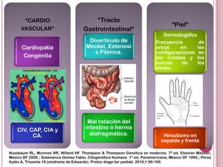*CARDIO                            *Tracto
                                                                                   *Piel*
      VASCULAR*                       Gastrointestinal*
                                                                              Dermatoglifos
                                        Divertículo de                     Frecuencia        de
      Cardiopatía                      Meckel, Estenosi                    arcos     en     las
                                          s Pilórica.                      configuraciones en
      Congénita                                                            las crestas y los
                                                                           surcos    de     los
                                                                           dedos.




                                        Mal rotación del
    CIV, CAP, CIA y                    intestino ó hernia
          CA.                            diafragmática.                        Hirsutismo en
                                                                              espalda y frente

Nussbaum RL, Mcinnes RR, Willard HF. Thompson & Thompson Genética en medicina. 7ª ed. Elsevier Masson,
México DF 2008.; Salamanca Gómez Fabio. Citogenética Humana. 1ª ed. Panamericana, México DF 1990.; Pérez
Aytés A, Trisomía 18 (síndrome de Edwards). Protoc diagn ter pediatr. 2010;1:96-100.
 
