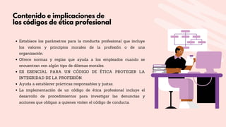 Contenido e implicaciones de
los códigos de ética profesional
Establece los parámetros para la conducta profesional que incluye
los valores y principios morales de la profesión o de una
organización.
Ofrece normas y reglas que ayuda a los empleados cuando se
encuentran con algún tipo de dilemas morales.
ES ESENCIAL PARA UN CÓDIGO DE ÉTICA PROTEGER LA
INTEGRIDAD DE LA PROFESIÓN.
Ayuda a establecer prácticas responsables y justas.
La implementación de un código de ética profesional incluye el
desarrollo de procedimientos para investigar las denuncias y
acciones que obligan a quienes violen el código de conducta.
 