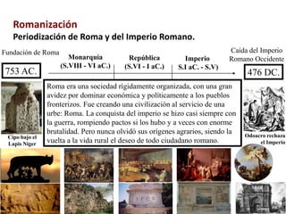 Romanización
   Periodización de Roma y del Imperio Romano.
Fundación de Roma                                                           Caída del Imperio
                       Monarquía          República          Imperio        Romano Occidente
                    (S.VIII - VI aC.)    (S.VI - I aC.)    S.I aC. - S.V)
 753 AC.                                                                          476 DC.
                Roma era una sociedad rígidamente organizada, con una gran
                avidez por dominar económica y políticamente a los pueblos
                fronterizos. Fue creando una civilización al servicio de una
                urbe: Roma. La conquista del imperio se hizo casi siempre con
                la guerra, rompiendo pactos si los hubo y a veces con enorme
                brutalidad. Pero nunca olvidó sus orígenes agrarios, siendo la   Odoacro rechaza
 Cipo bajo el
 Lapis Niger    vuelta a la vida rural el deseo de todo ciudadano romano.             el Imperio
 