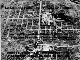 La Colonia Marciana Traiana Thamugadi




Se construyó mayoritariamente en piedra de la zona
     y es escaso el uso de mármoles preciosos.




  Timgad sirvió como imagen convincente de la
     Grandeza Romana en suelo de Numidia
 