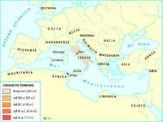 Roma que comenzó siendo una pequeña
 aldea agraria en la orilla del río Tiber, en la
    península Itálica, fue extendiendo su
poder, primero sobre las tribus vecinas, hasta
    llegar a dominar un extenso imperio.
 