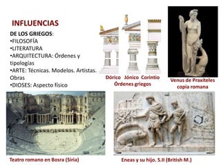 INFLUENCIAS
DE LOS GRIEGOS:
•FILOSOFÍA
•LITERATURA
•ARQUITECTURA: Órdenes y
tipologías
•ARTE: Técnicas. Modelos. Artistas.
Obras                                 Dórico Jónico Corintio
                                                                   Venus de Praxíteles
•DIOSES: Aspecto físico                  Órdenes griegos
                                                                     copia romana




Teatro romano en Bosra (Siria)              Eneas y su hijo. S.II (British M.)
 