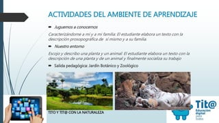ACTIVIDADES DEL AMBIENTE DE APRENDIZAJE
 Juguemos a conocernos
Caracterizándome a mí y a mi familia: El estudiante elabora un texto con la
descripción prosopográfica de sí mismo y a su familia.
 Nuestro entorno
Escojo y describo una planta y un animal: El estudiante elabora un texto con la
descripción de una planta y de un animal y finalmente socializa su trabajo
 Salida pedagógica: Jardín Botánico y Zoológico
TITO Y TIT@ CON LA NATURALEZA
 