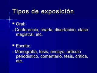 Tipos de exposiciónTipos de exposición
 Oral:Oral:
- Conferencia, charla, disertación, clase- Conferencia, charla, disertación, clase
magistral, etc.magistral, etc.
 Escrita:Escrita:
- Monografía, tesis, ensayo, artículo- Monografía, tesis, ensayo, artículo
periodístico, comentario, tesis, crítica,periodístico, comentario, tesis, crítica,
etc.etc.
 