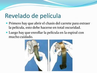 Revelado de película
 Primero hay que abrir el chasis del carrete para extraer
la película, esto debe hacerse en total oscuridad.
 Luego hay que enrollar la película en la espiral con
mucho cuidado.
 