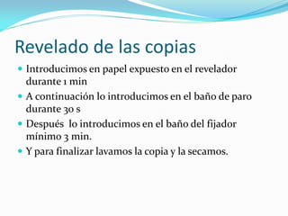 Revelado de las copias
 Introducimos en papel expuesto en el revelador
durante 1 min
 A continuación lo introducimos en el baño de paro
durante 30 s
 Después lo introducimos en el baño del fijador
mínimo 3 min.
 Y para finalizar lavamos la copia y la secamos.
 