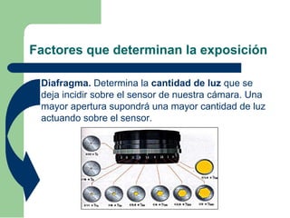 Factores que determinan la exposición
 Diafragma. Determina la cantidad de luz que se
deja incidir sobre el sensor de nuestra cámara. Una
mayor apertura supondrá una mayor cantidad de luz
actuando sobre el sensor.
 
