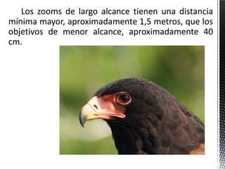 Los zooms de largo alcance tienen una distancia
mínima mayor, aproximadamente 1,5 metros, que los
objetivos de menor alcance, aproximadamente 40
cm.
 