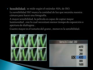    Sensibilidad: se mide según el estándar ASA, de ISO.
    La sensibilidad ISO marca la cantidad de luz que necesita nuestra
    cámara para hacer una fotografía.
    A mayor sensibilidad, la película es capaz de captar mayor
    luminosidad , con lo cual necesitará menor tiempo de exposición o
    apertura de diafragma .
    Cuanto mayor es el tamaño del grano , menor es la sensibilidad.
 